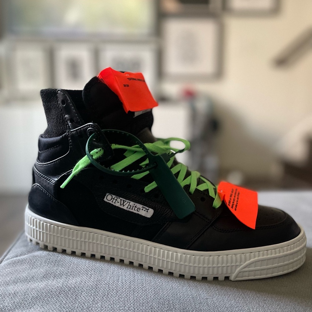 Off-White Men’s Black High-Top Sneakers with Neon Green Laces and Orange Tags